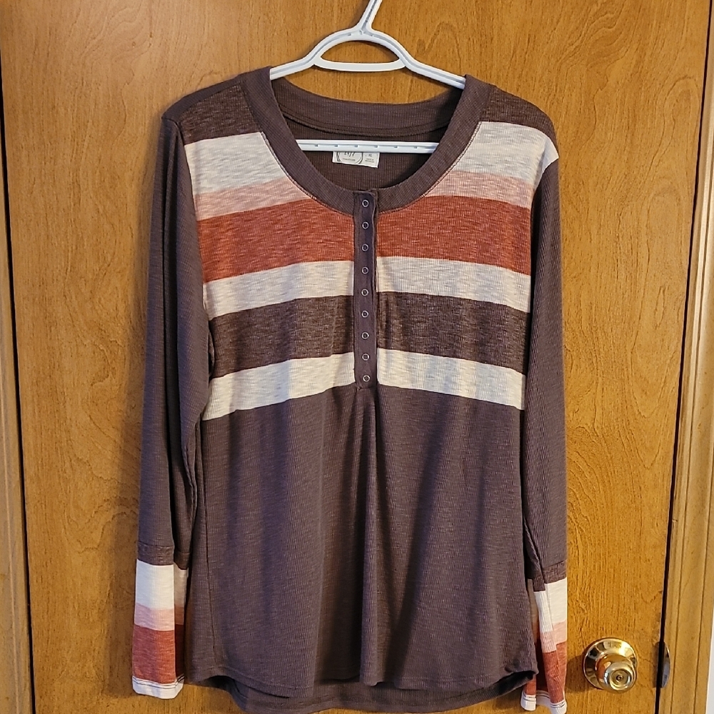 Maurices Button Down Striped Top - Brown and Cream